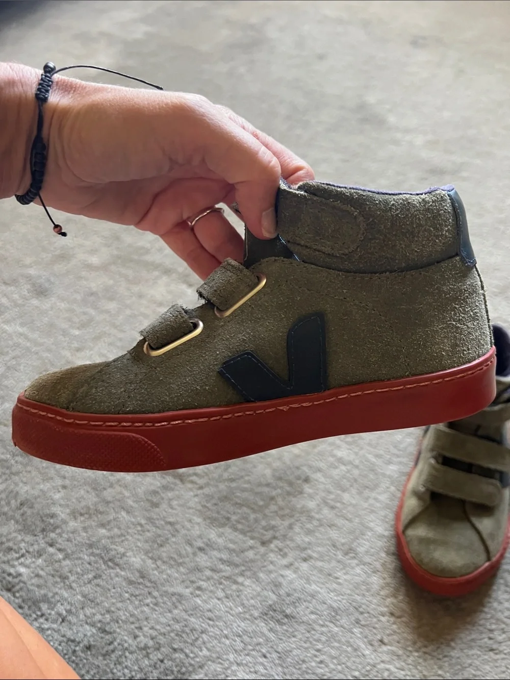 Veja Kids Olive Suede Sneakers with brown Sole and Navy Trim